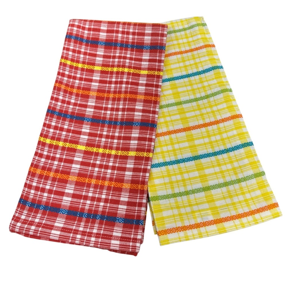 Tag‎ Brand Kitchen Dish Tea Towel Red Yellow Plaid Set/2 New W/ Tags 100% Cotton